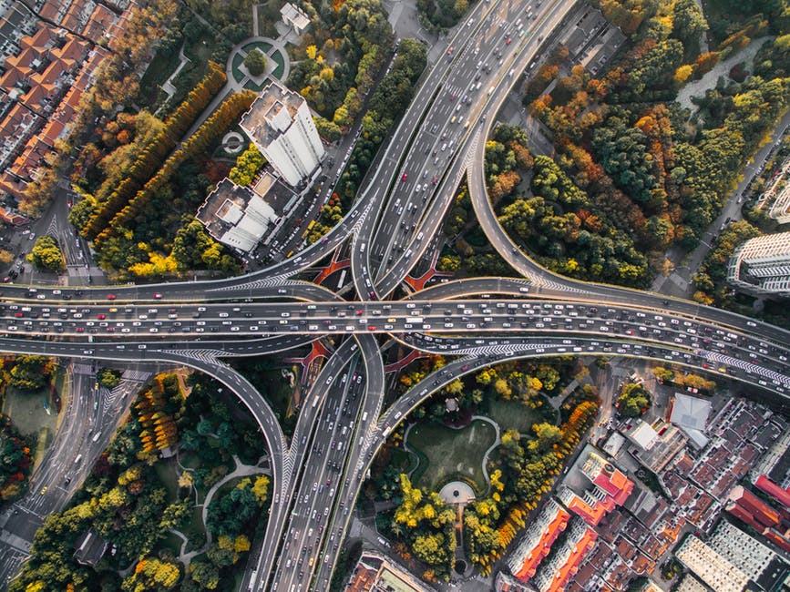Bird`s Eye View of Intersection and Overpasses during Daytime